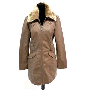 Cavalini Taupe pleather trench coat with faux fur collar